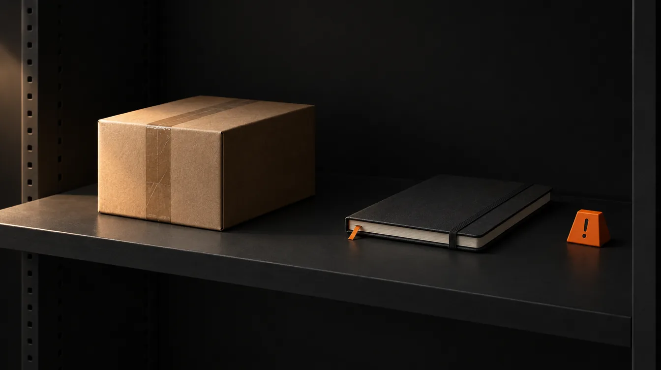 Een bijna leeg voorraadvak met een pakket, een gesloten notitieboek en een oranje waarschuwingsmarkering.