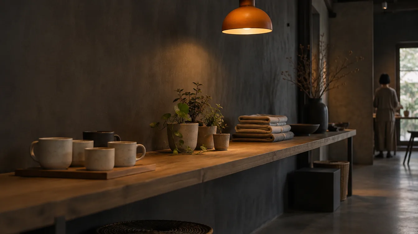 Een lange houten plank met drie groepen ongemerkte huishoudproducten in een rustige studio.