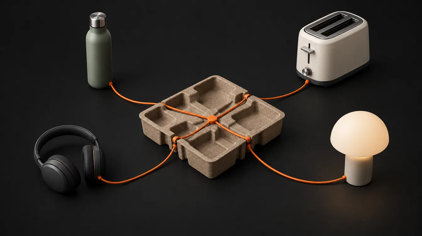 Vier productvoorbeelden zijn met oranje koorden verbonden aan één verpakkingstray.