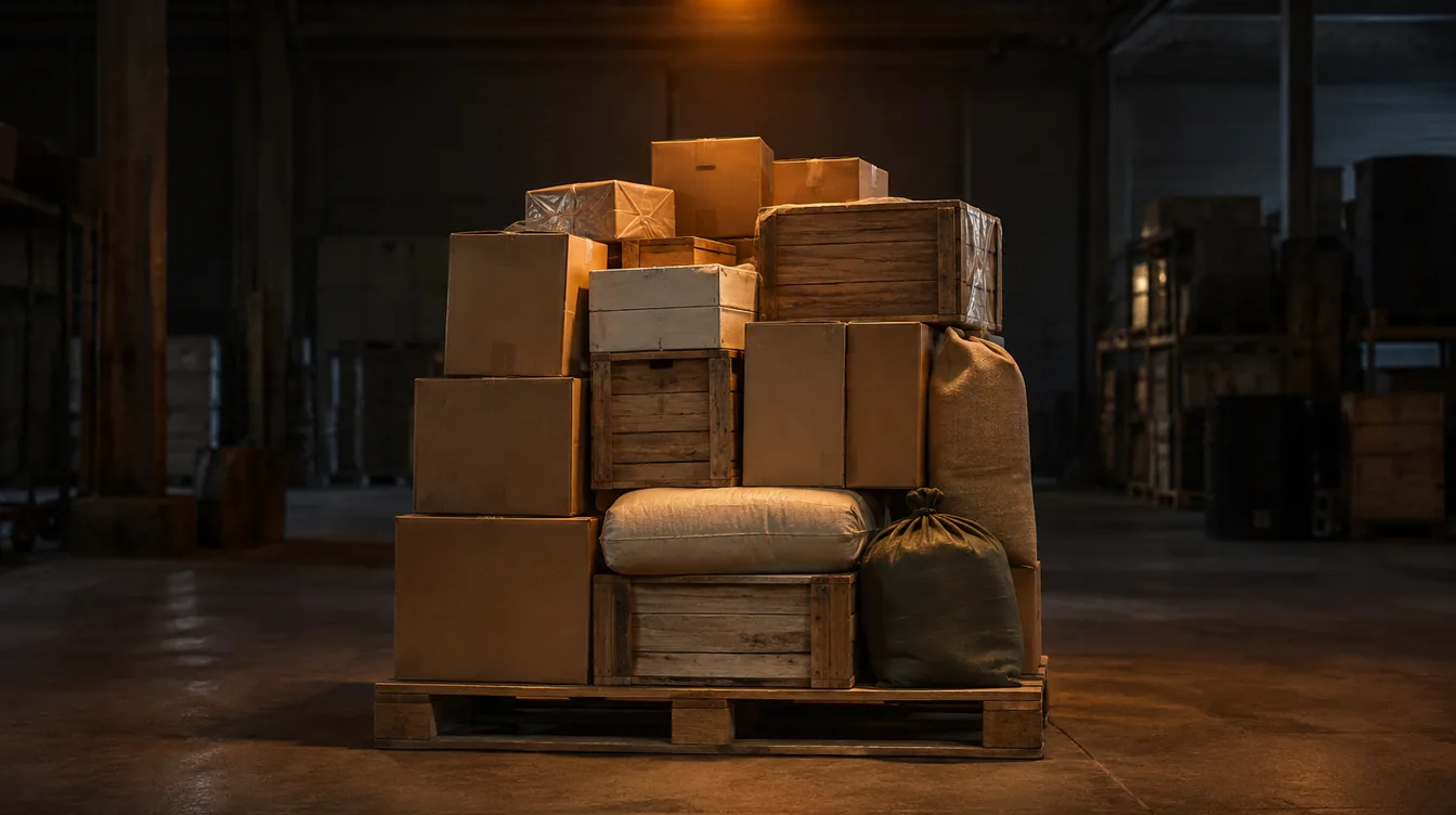 Veel verschillende ongemerkte dozen staan gestapeld op een enkele pallet in een magazijn.