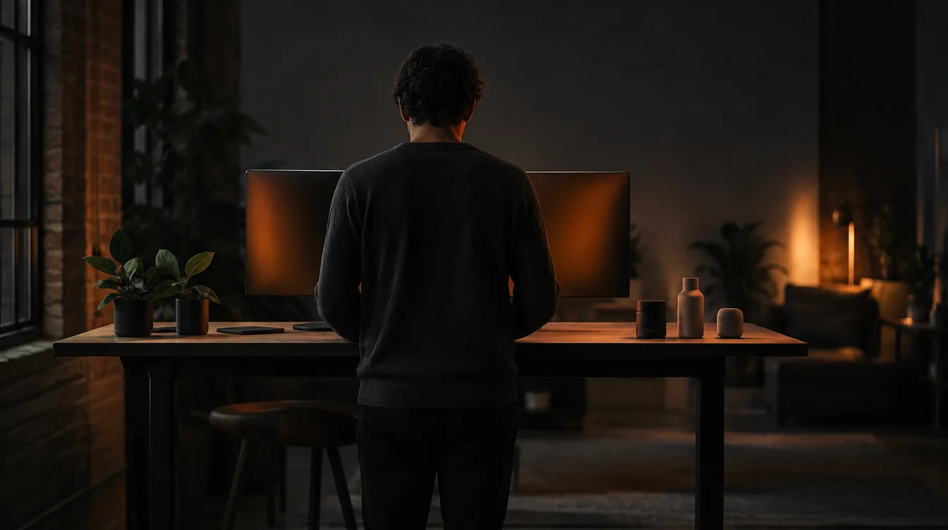 Iemand van achteren aan een hoog bureau met twee beeldschermen die van de camera af staan; drie kleine producten staan op een rij.