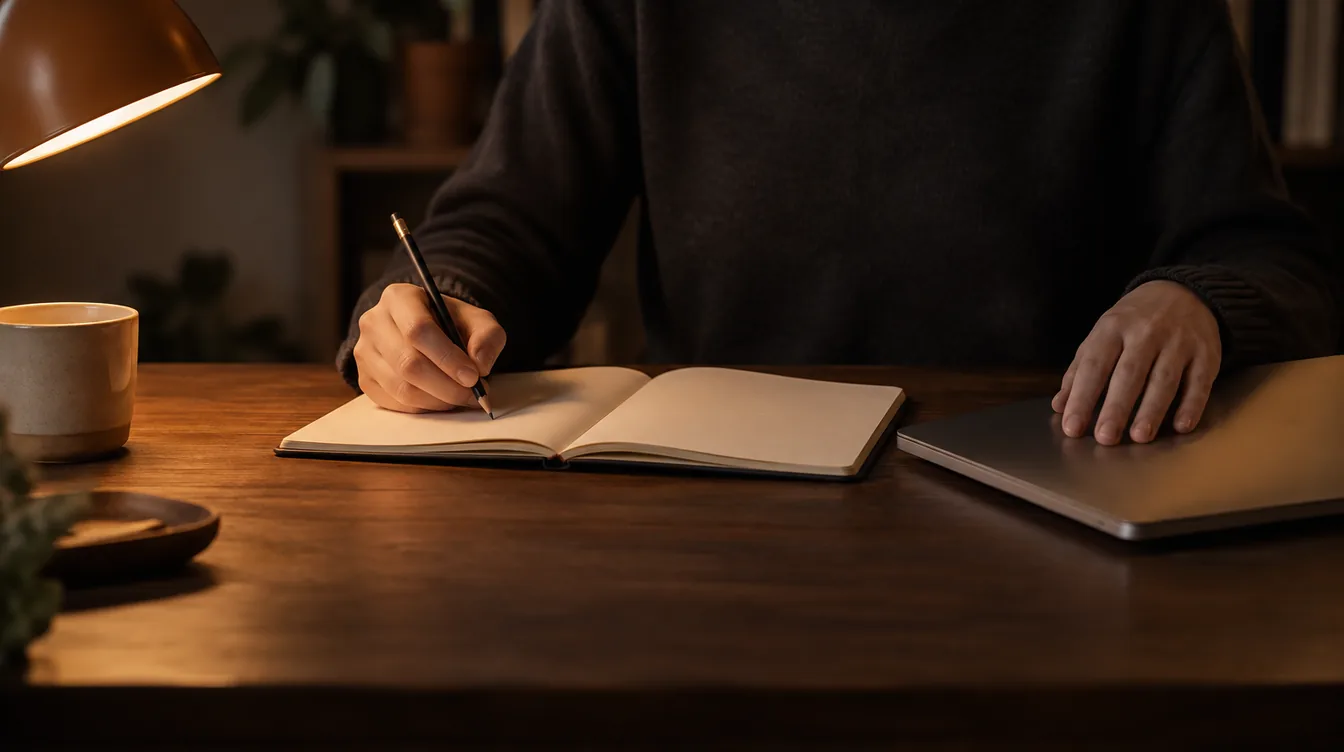 Een hand schrijft in een leeg notitieboek terwijl de andere hand op een gesloten laptop rust.