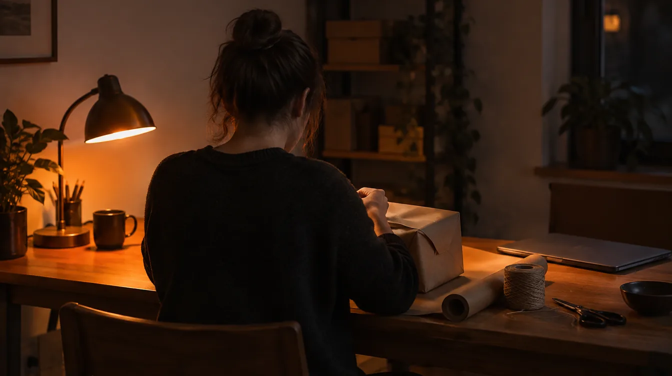 Een verkoper pakt aan een tafel in een kleine thuiswerkplek een enkel pakket in; de laptop staat gesloten opzij.