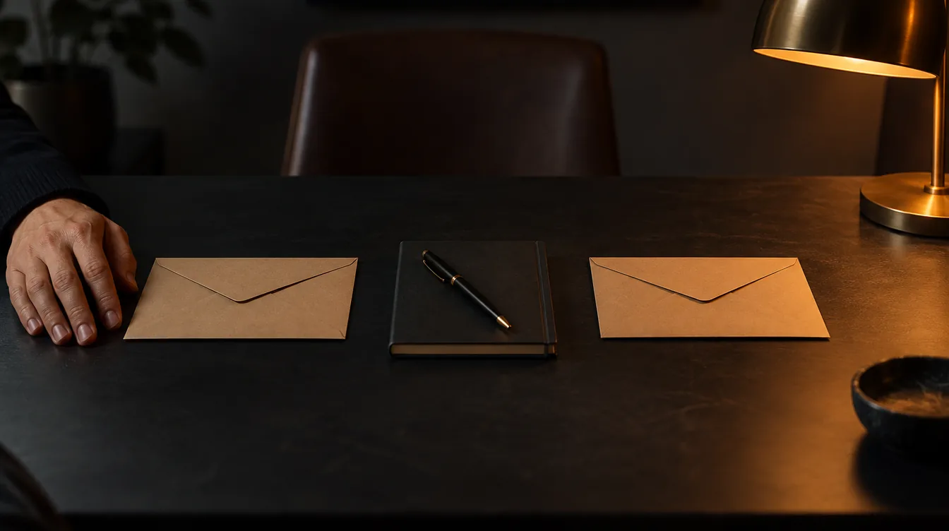 Twee gesloten kraftenveloppen liggen apart op een bureau, met een gesloten notitieboek ertussen.