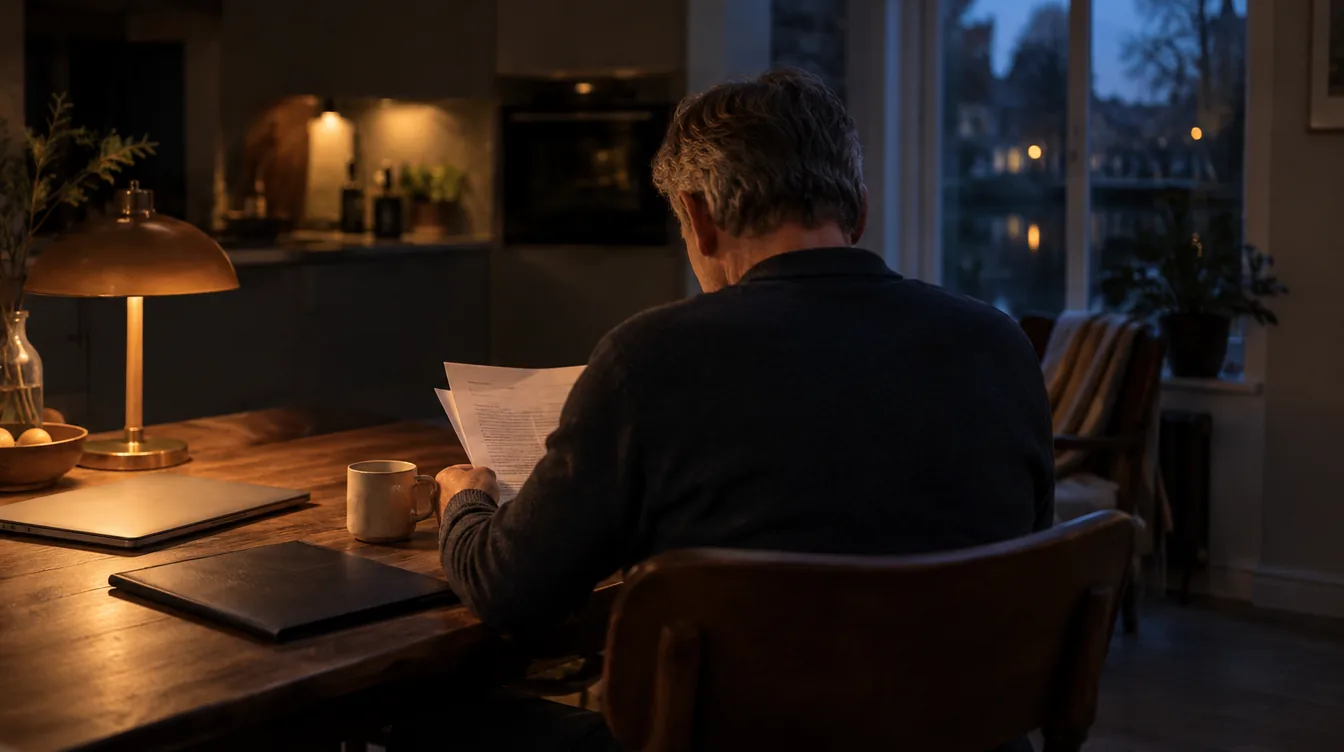 Een man aan de keukentafel leest 's avonds een paar geprinte pagina's onder een warme lamp.