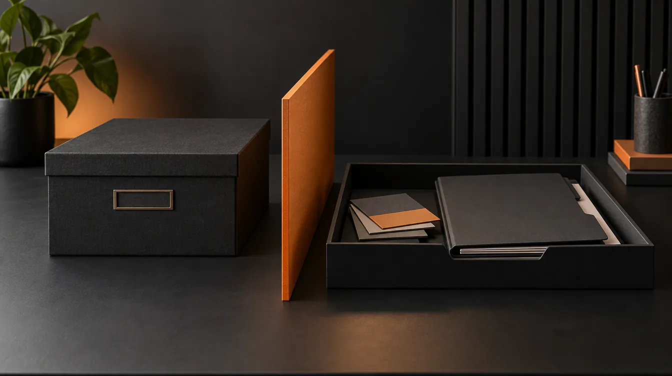 Een afgesloten reservebox, een oranje scheidingsplaat en een afzonderlijke bak met projectdocumenten.