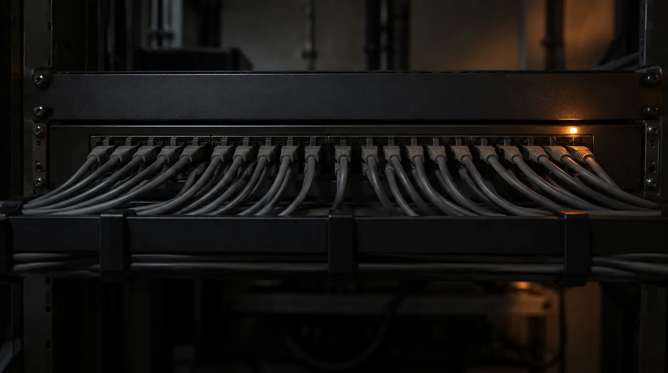 Kabels netjes aangesloten op een patchpaneel in een schemerige serverkast met warm licht.