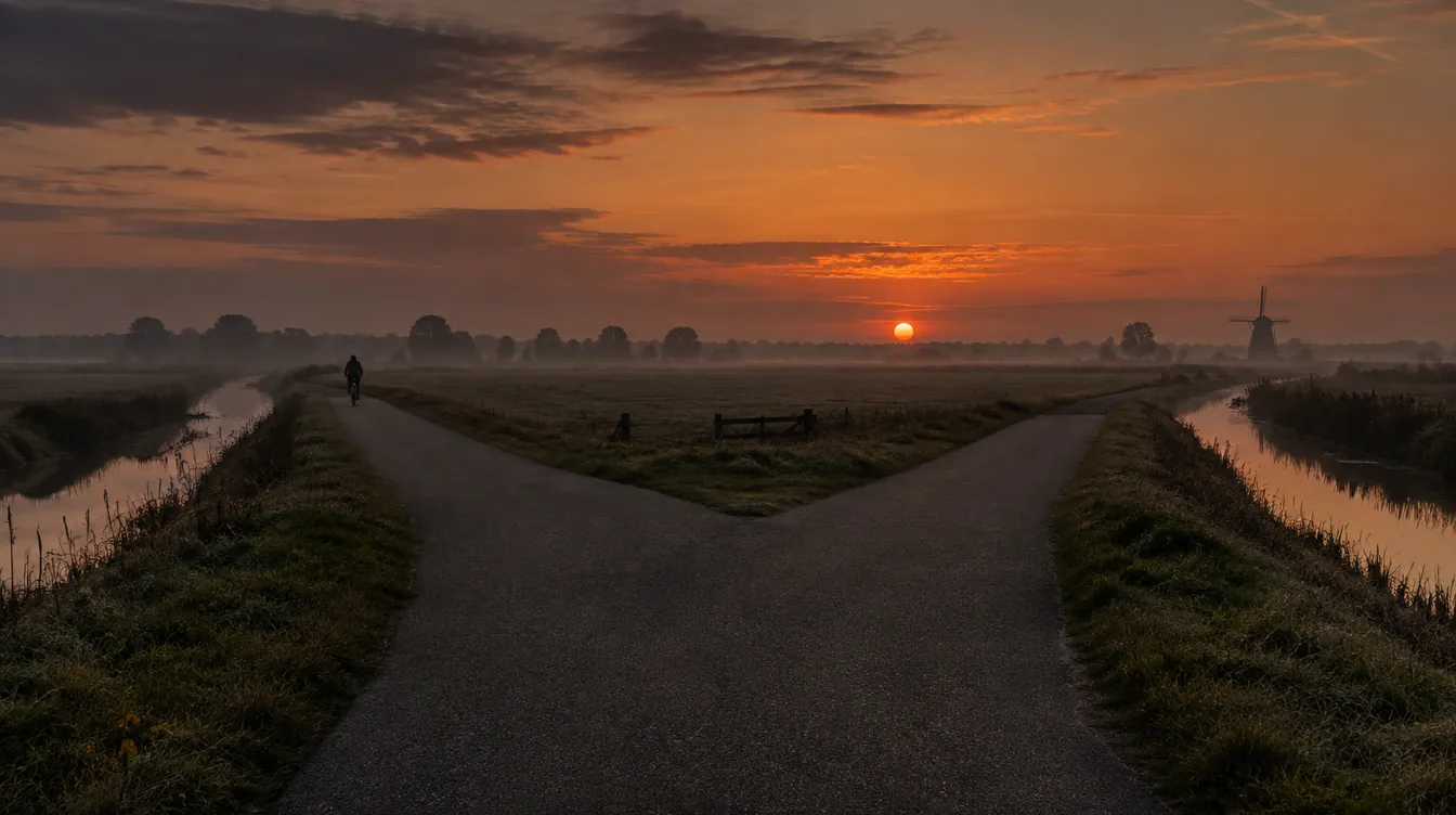 Een fietspad in een polderlandschap in de schemering splitst zich in tweeen, met een kleine fietser in de verte.
