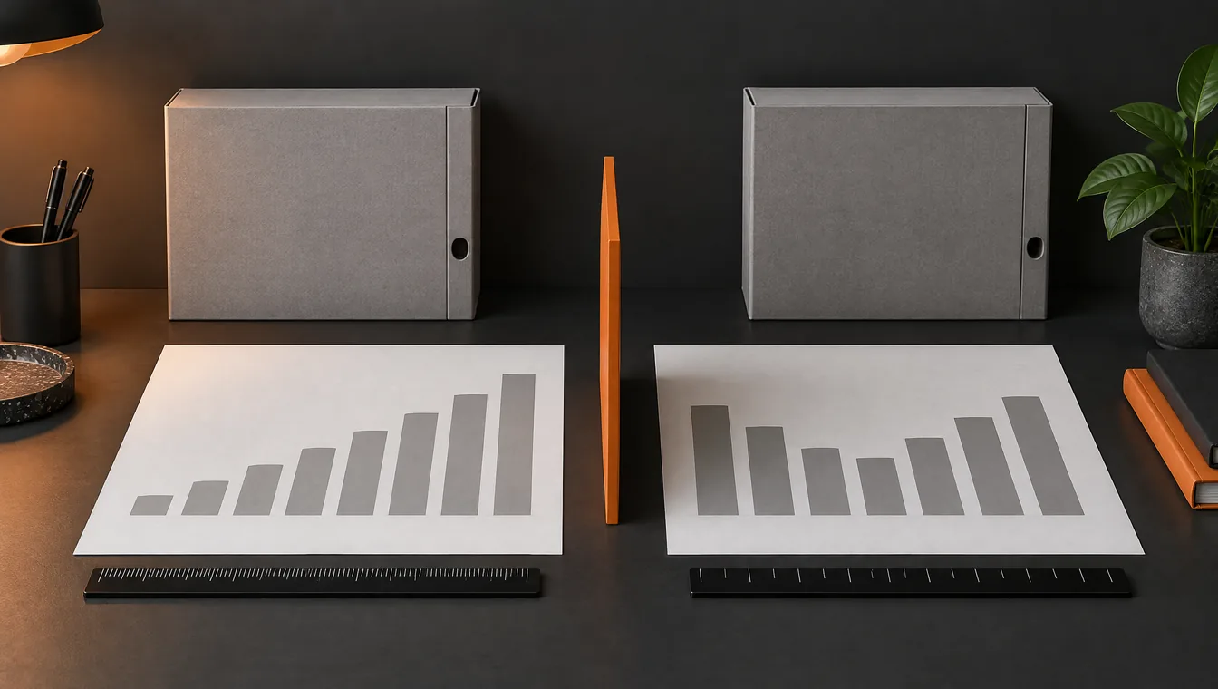Twee vellen met grijze staafdiagrammen zonder cijfers, gescheiden door een rechtopstaande oranje plaat. Onder elk vel ligt een zwarte liniaal met een andere maatverdeling; erachter staan twee grijze archiefdozen.
