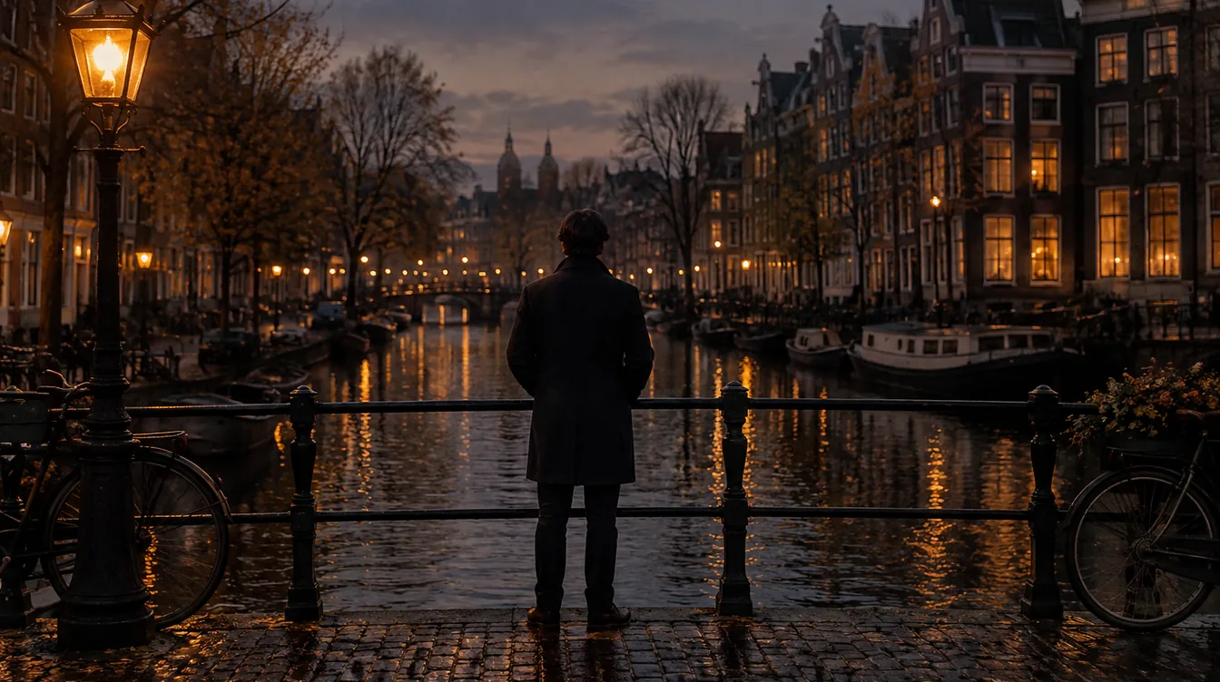 Een man in een donkere jas staat op een brug over een gracht en kijkt in de schemering uit over het water.