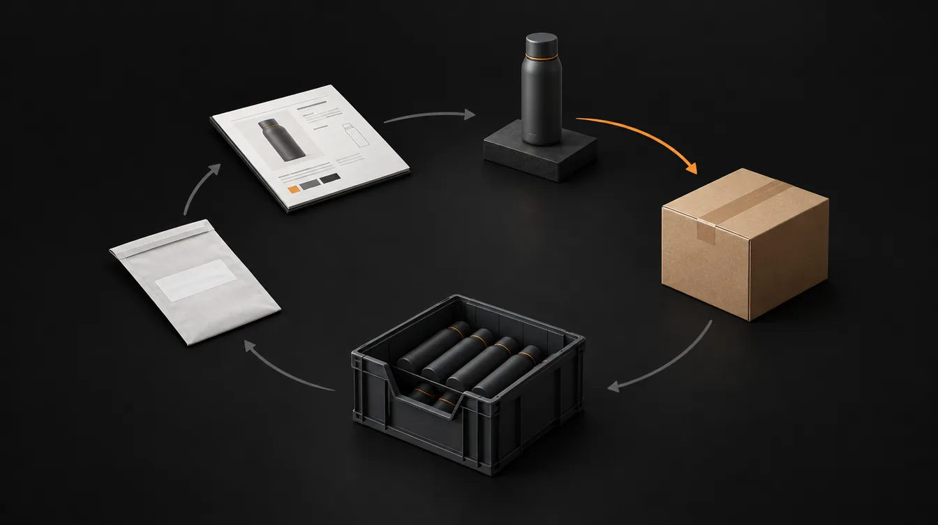 Een cirkel van werkbladen, een productvoorbeeld, een pakket en een voorraadbak.