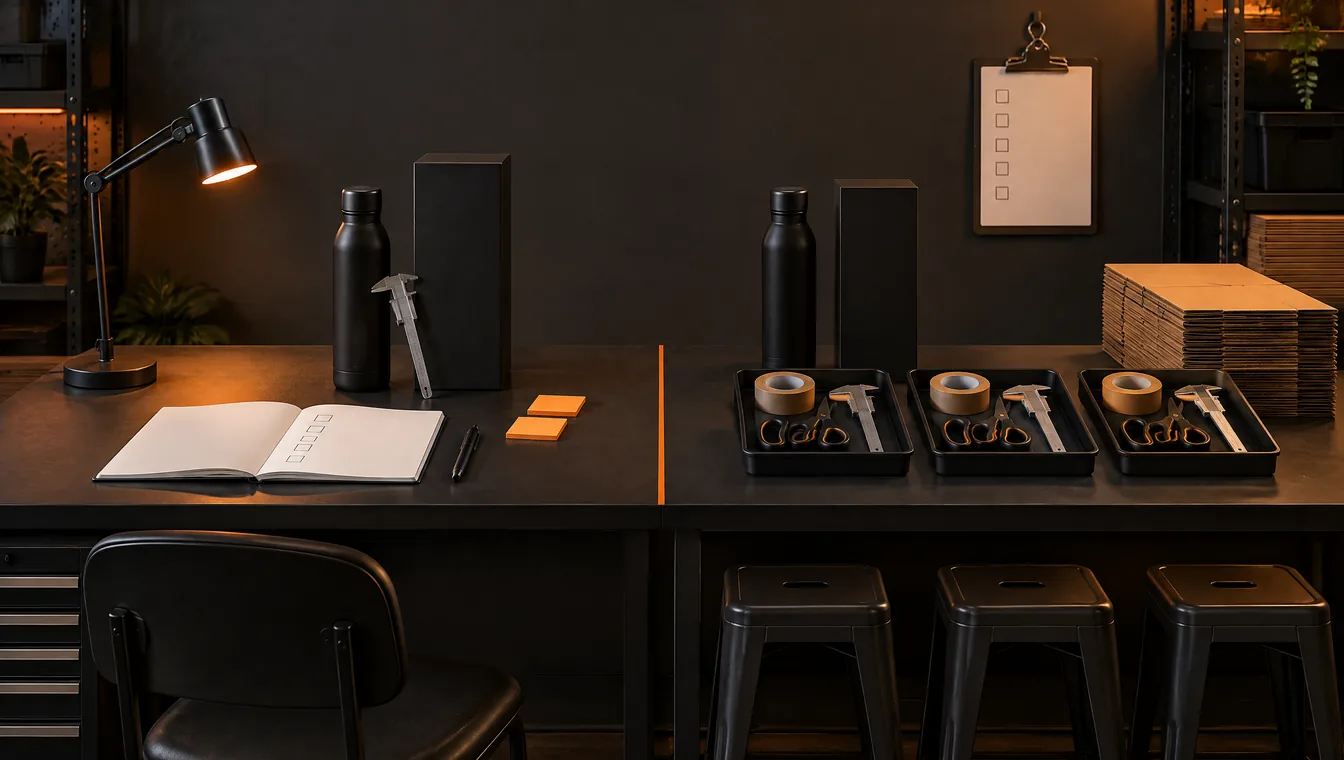 Een donkere werktafel met een oranje middenlijn en op beide helften dezelfde zwarte fles en doos. Links een open werkboek, pen, schuifmaat, lamp en één stoel; rechts drie gereedschapsbakken en drie krukken.