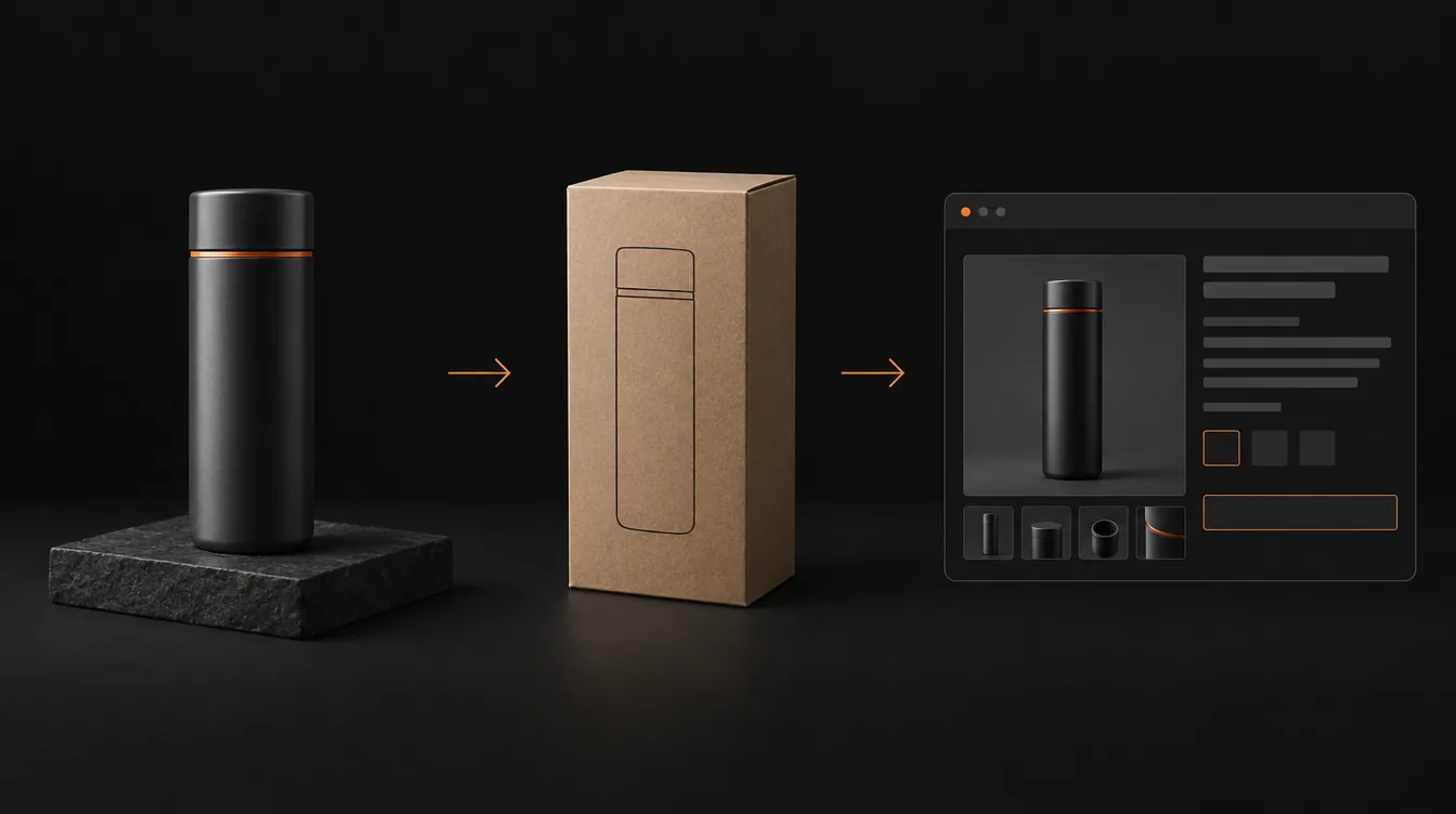 Een productvoorbeeld, verpakking en een paneel met een productpagina-opzet naast elkaar.