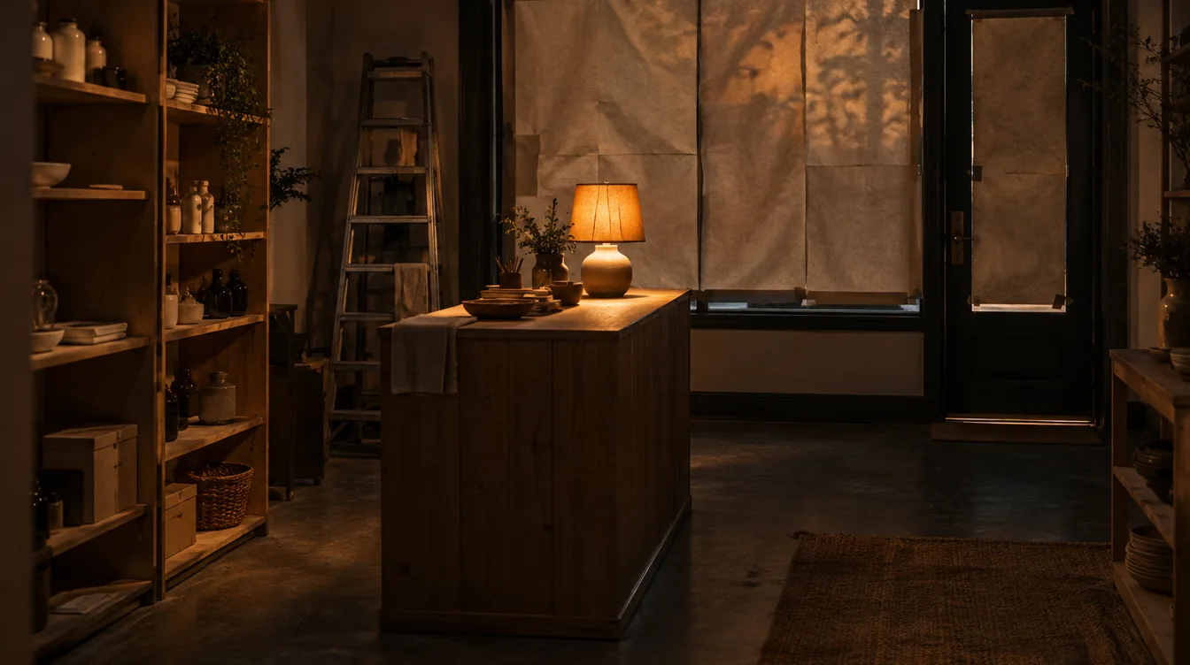 Een kleine winkelruimte vlak voor de opening met producten op planken en een warme lamp op de toonbank.