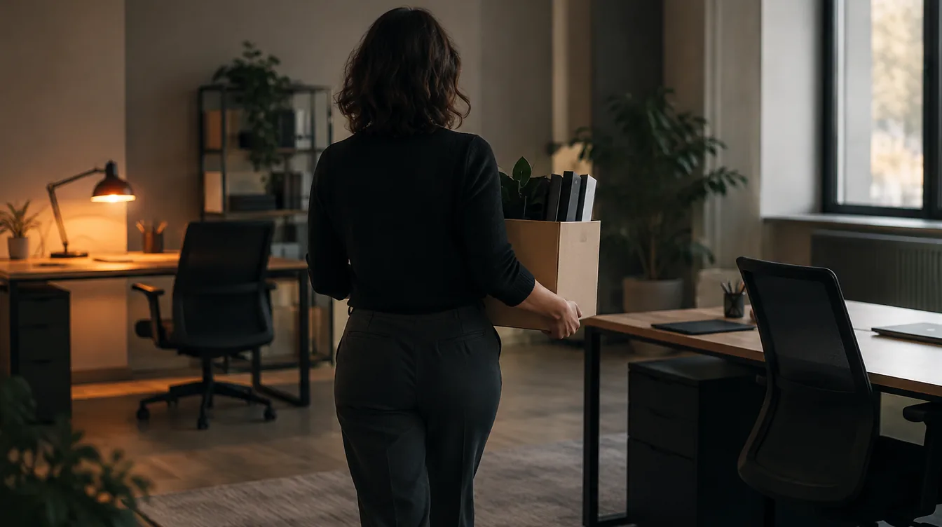 Iemand van achteren draagt een doos met gesloten mappen van het ene bureau naar het andere in een kantoor.