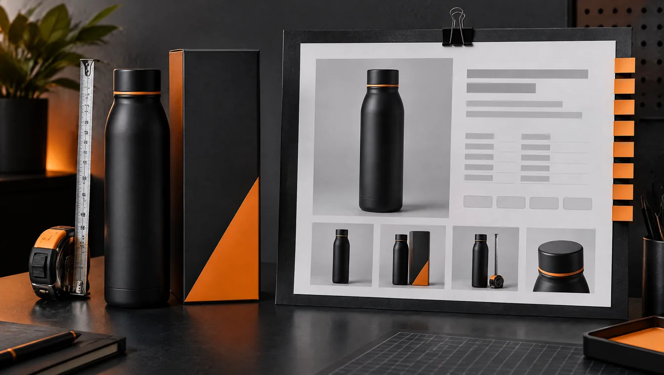 Een zwarte fles met oranje ring en de bijbehorende doos naast een rolmaat. Rechts een geprinte productpagina zonder tekst, met foto's van dezelfde fles, grijze balken en oranje markeringen langs de rand.