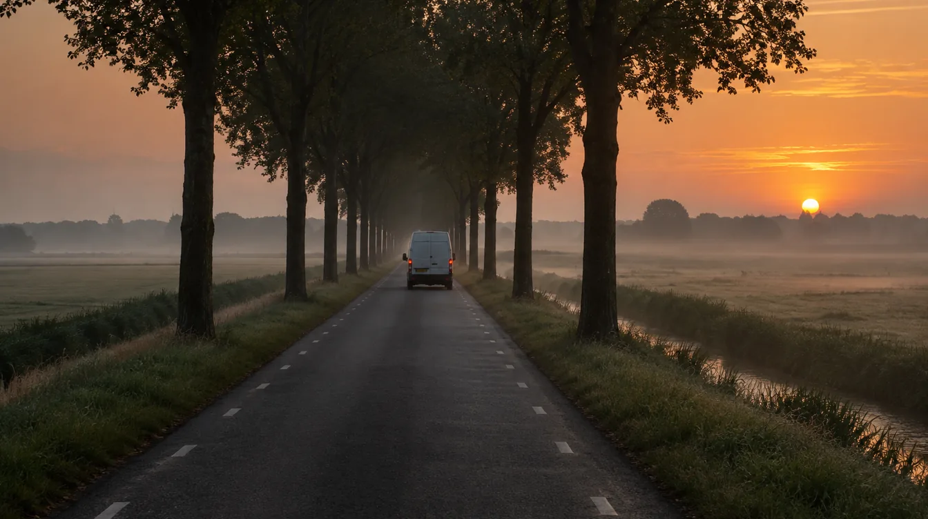 Een bestelbus rijdt in de ochtendschemering over een rechte weg met bomen door vlak land.