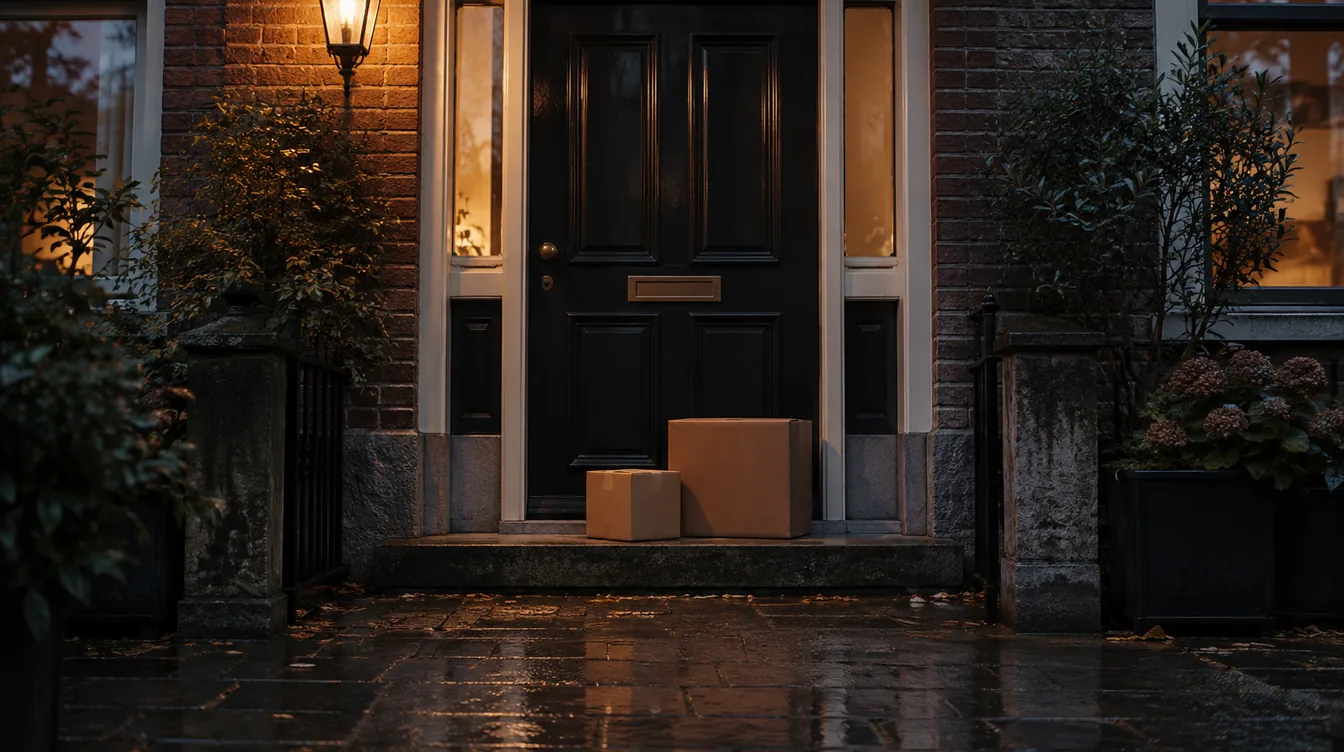 Twee pakketten van verschillende grootte op een stoep voor een voordeur in het schemerlicht.