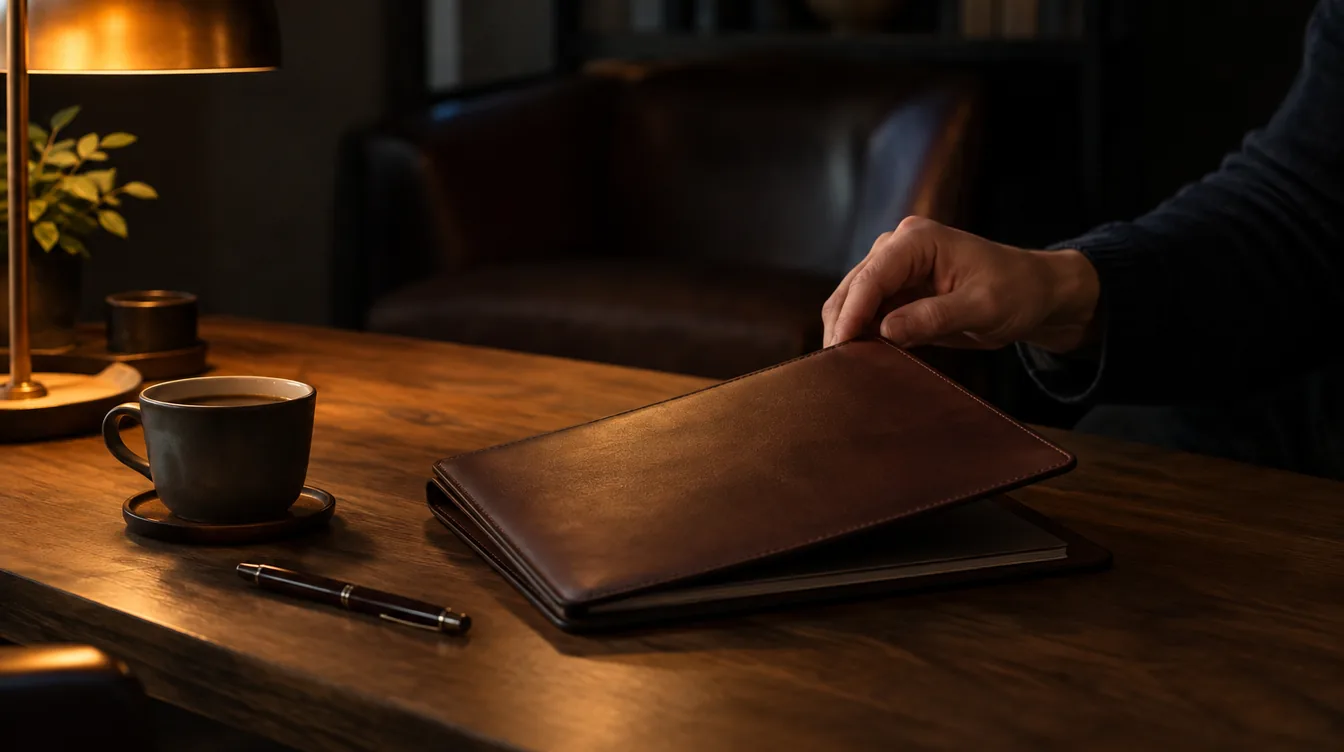 Een hand opent een leren map naast een pen en een kop koffie op een houten tafel.