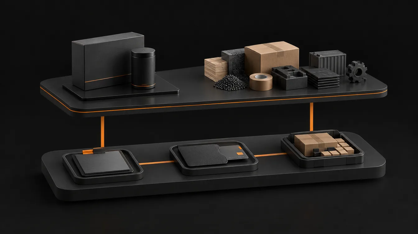 Een productmodel, voorraad en materiaalvoorbeelden boven een rij afzonderlijke bakken.