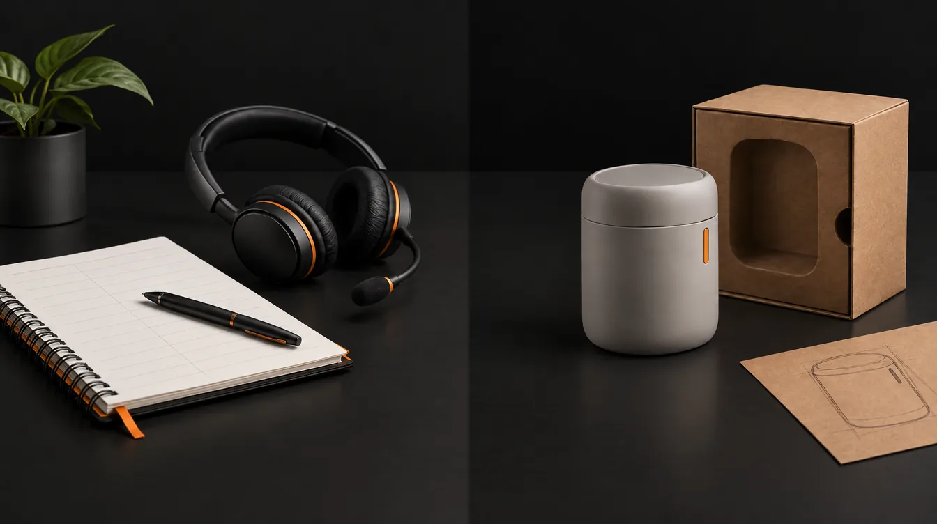 Een headset met notitieboek naast een productvoorbeeld en een verpakkingsdoos.