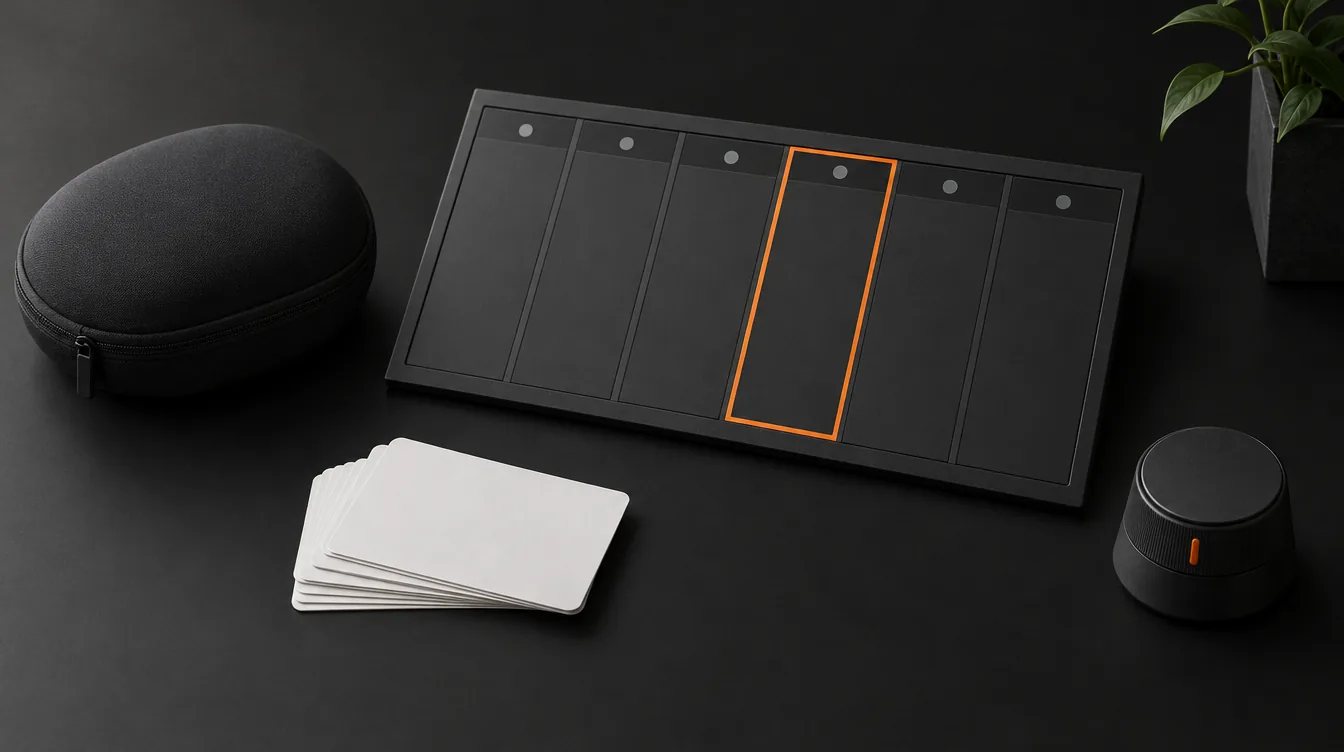 Een weekplanner met één gemarkeerd vak naast blanco kaarten, een etui en een kleine ronde regelaar.
