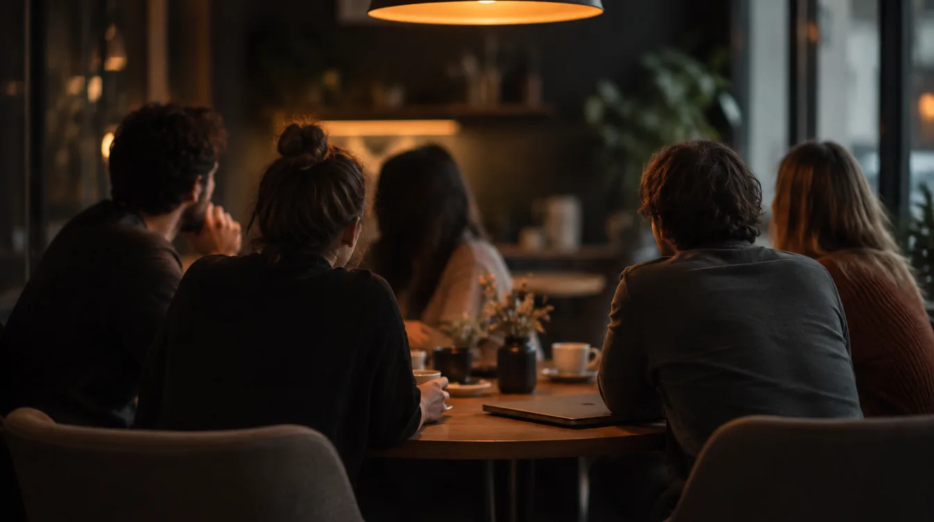 Vijf mensen zitten onscherp rond een tafel in een cafe met koffiekopjes; geen gezichten zichtbaar.
