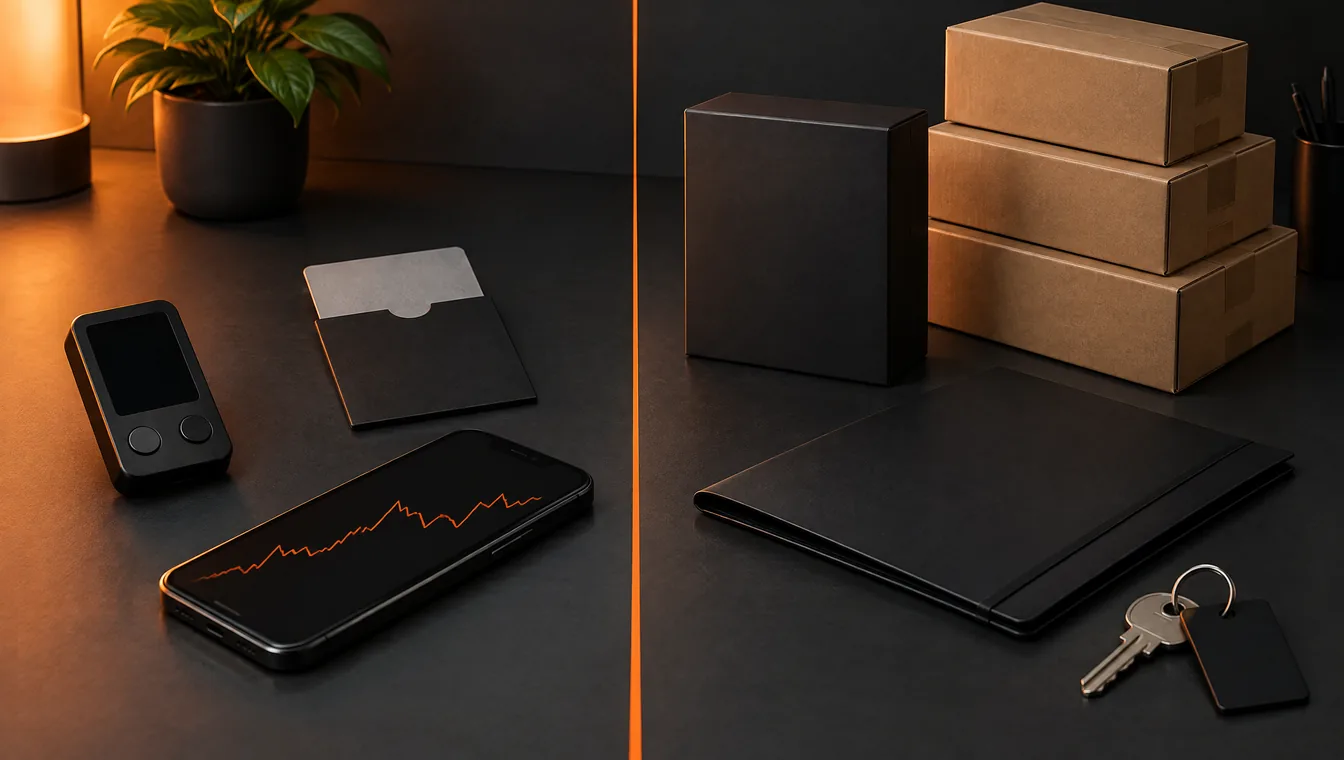 Links van een oranje scheidslijn een klein zwart apparaat met leeg scherm, een kaartje in een hoes en een telefoon met een grillige oranje lijn; rechts een zwarte doos, drie kartonnen dozen, een map en een sleutel.