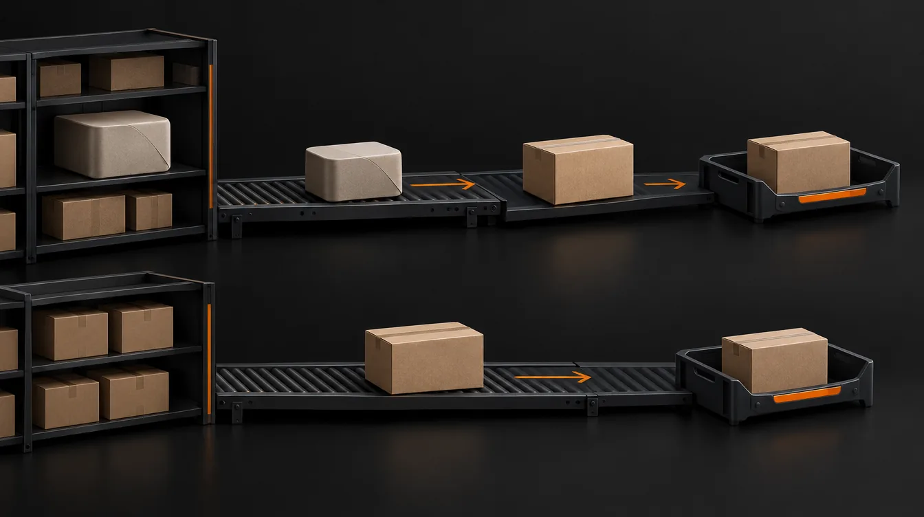 Twee logistieke routes met voorraadrekken, transportbanen en pakketten.