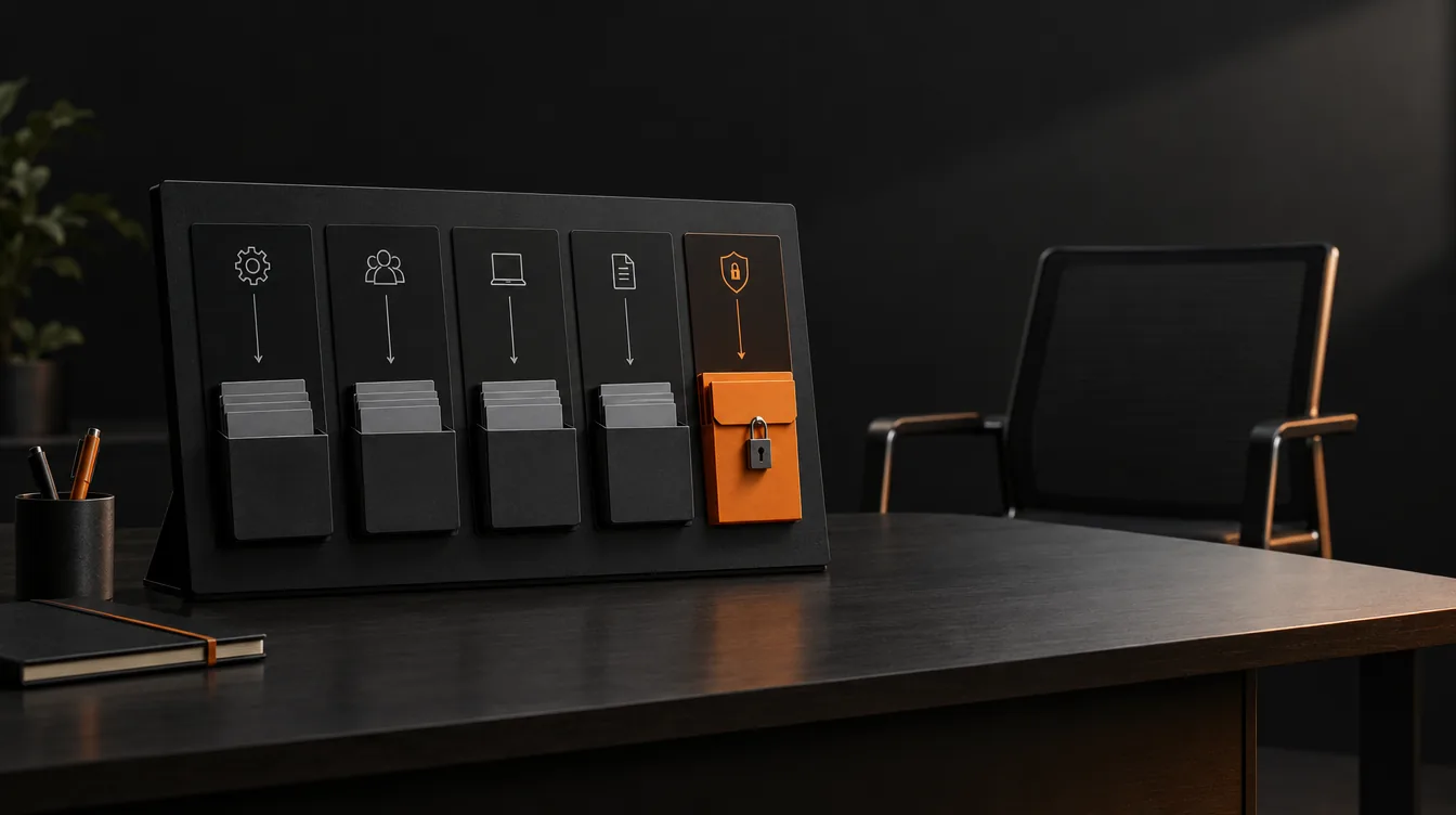 Een taakbord met gescheiden vakken en een oranje vergrendeld vak naast een bureaustoel.