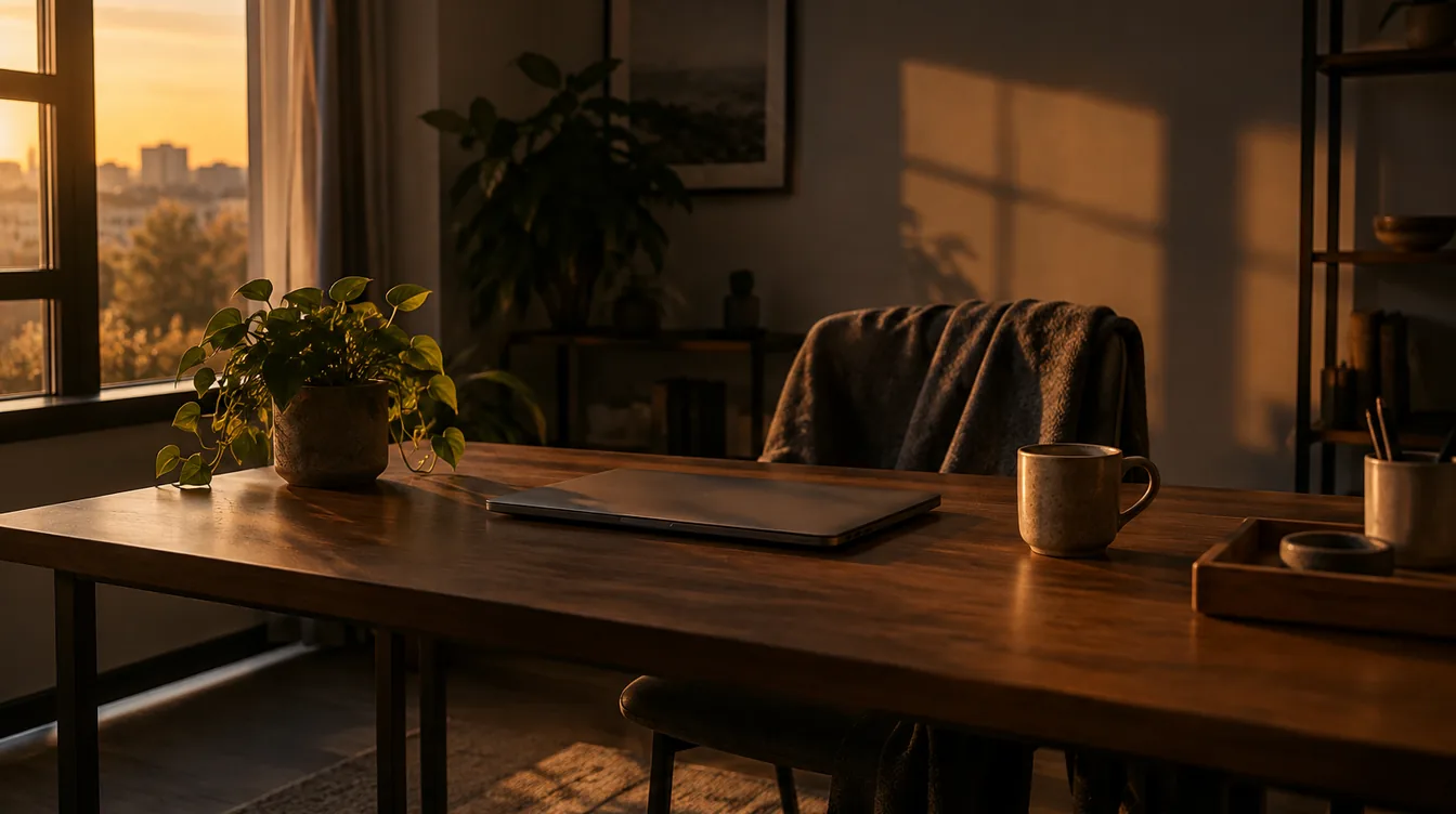 Een leeg bureau met een gesloten laptop en een jas over de stoel in zacht licht.