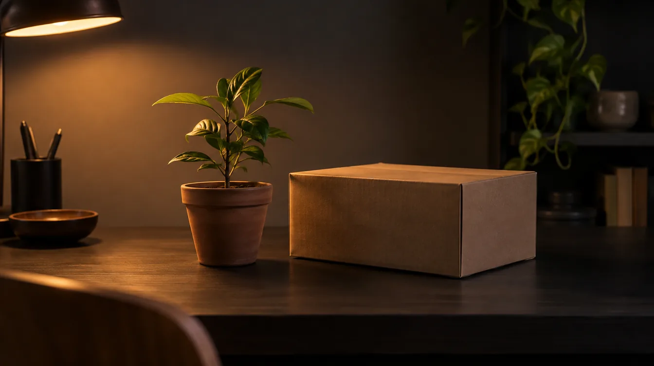 Een klein plantje in een pot naast een gesloten kartonnen doos op een donker bureau.