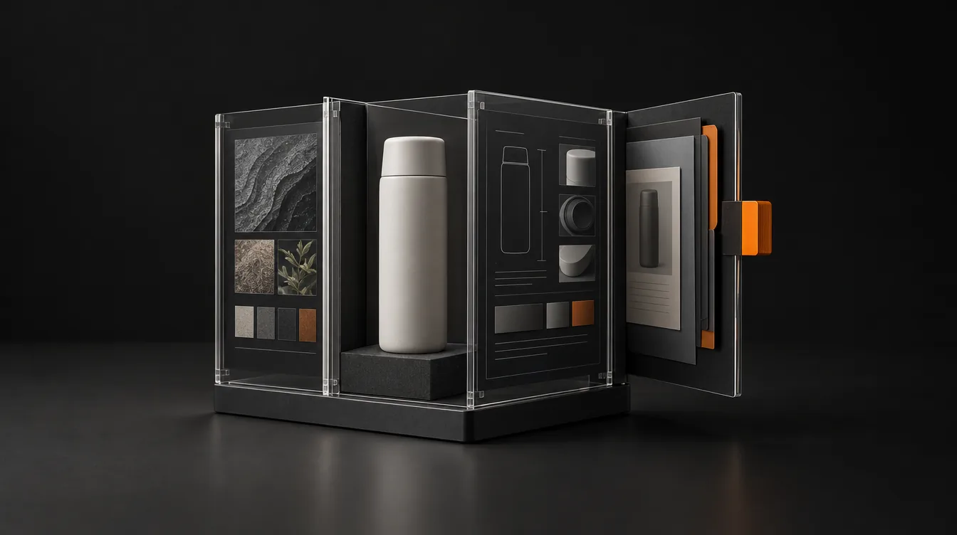 Een productvoorbeeld omringd door transparante panelen met materialen, productonderdelen en documenten.