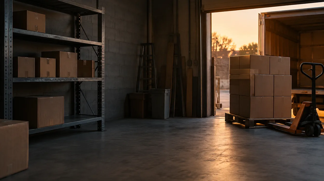 Een bijna lege stelling in een klein magazijn met een pallet nieuwe dozen bij de laaddeur.