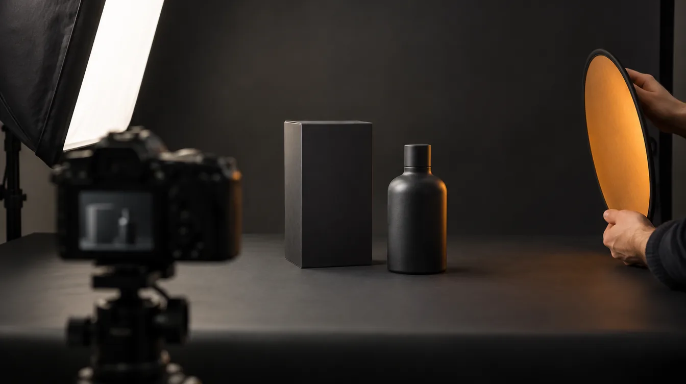 Een fotograaf richt een oranje reflectiescherm op een ongemerkte zwarte doos en fles in een fotostudio.