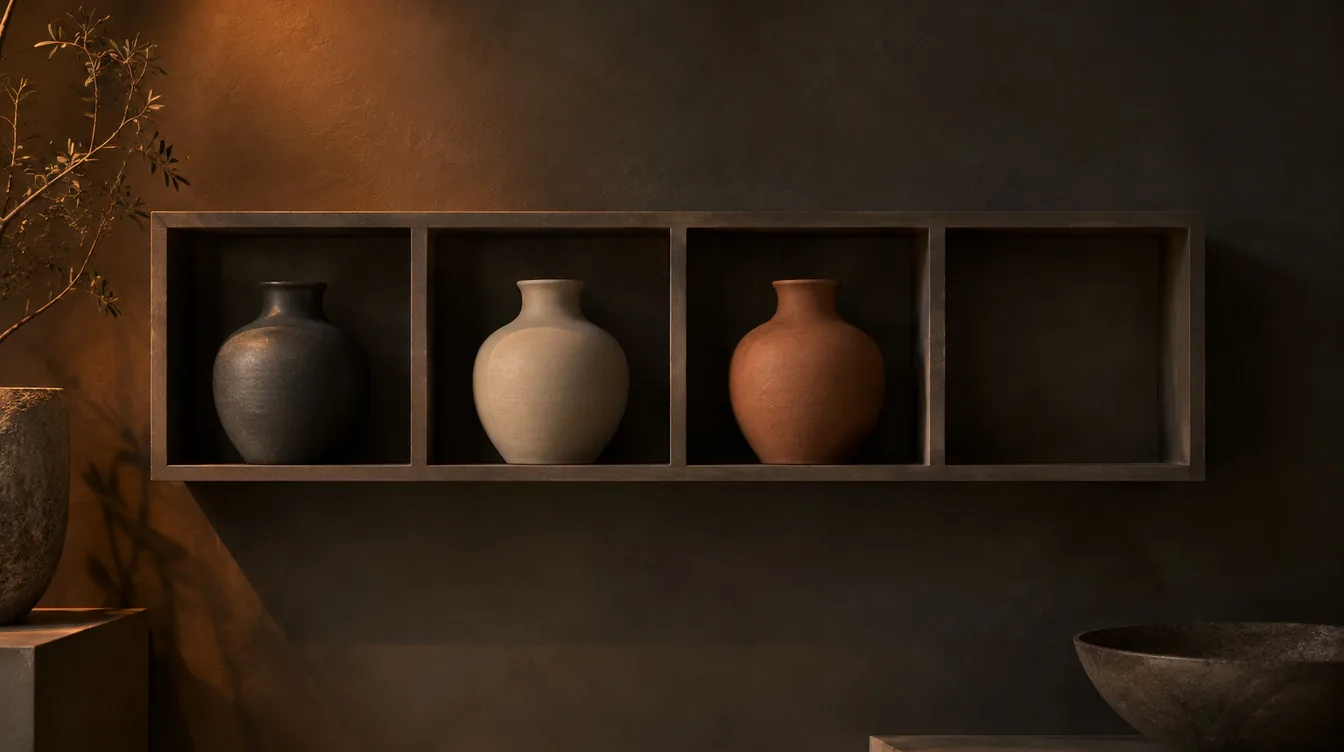 Een plank met dezelfde keramische vaas in drie kleuren en een lege plek, in een rustige showroom.