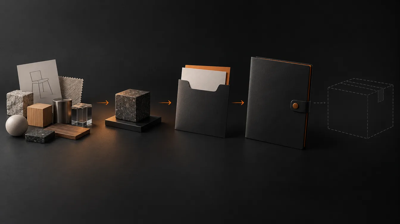 Productmaterialen, een sample en mappen langs een verbinding naar een gestippeld doosmodel.