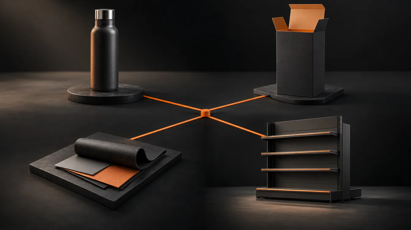 Een product, een open verpakking, materiaalvoorbeelden en een rek verbonden door oranje lijnen.