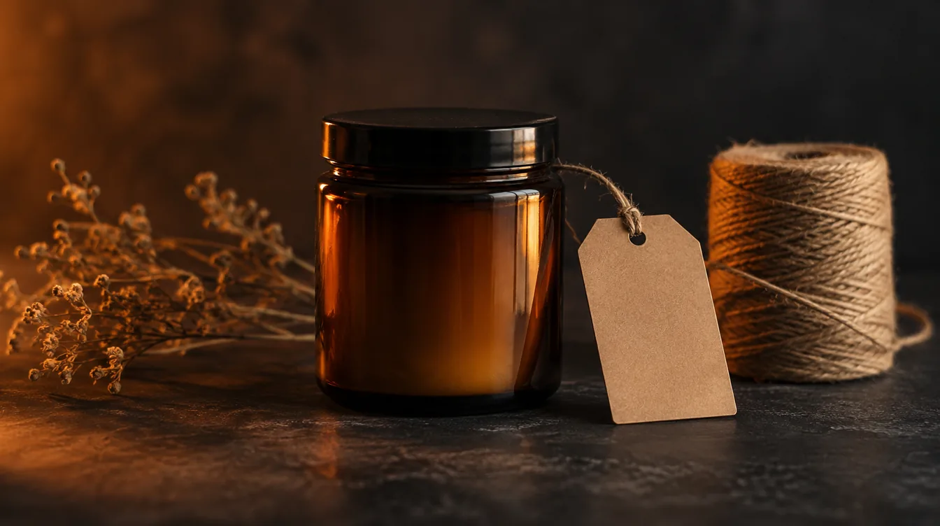 Een ongemerkte amberkleurige pot naast een leeg kartonnen label aan een touwtje.