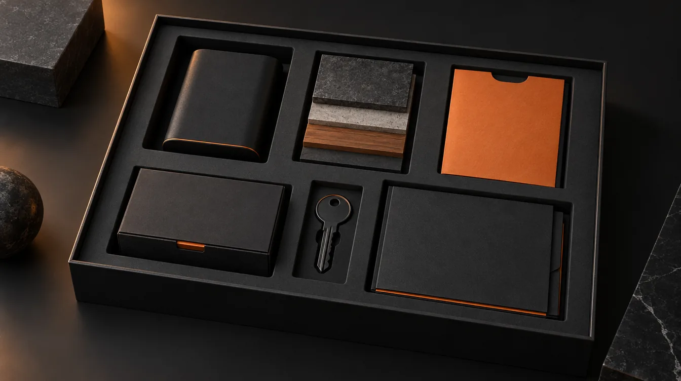 Een onderzoeksbak met een productvoorbeeld, materiaalstalen, documentmappen en een sleutel.