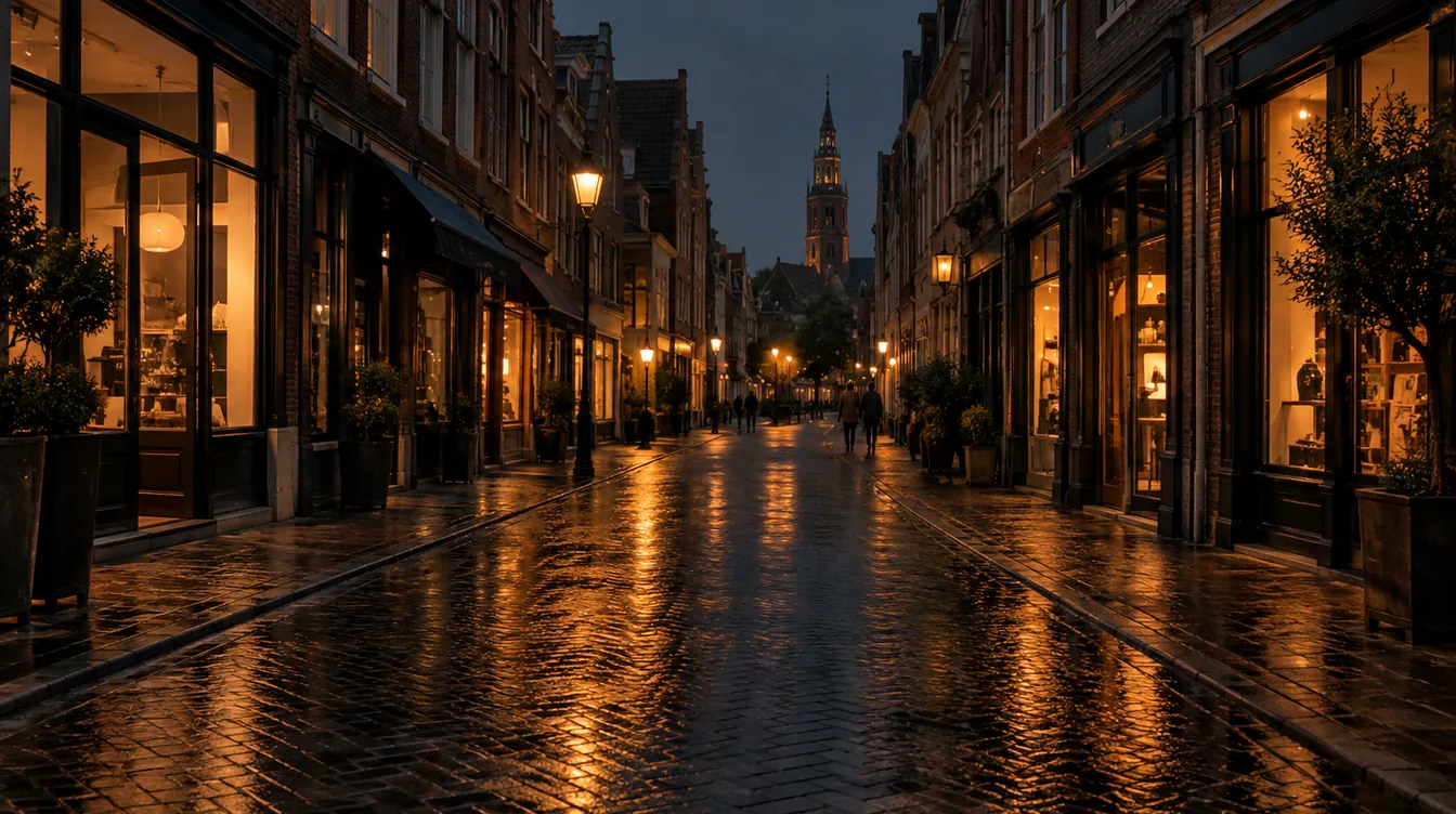 Een Nederlandse winkelstraat in de avond met verlichte etalages en een paar voetgangers in de verte.
