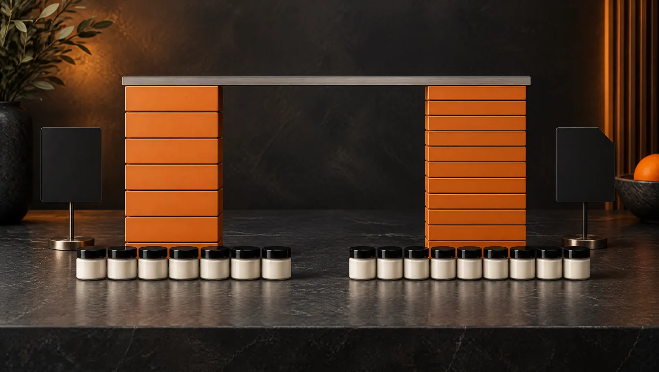 Twee even hoge stapels oranje tegels onder een metalen balk: links minder en dikkere, rechts meer en dunnere. Ervoor rijen lichte potjes, rechts meer. Opzij staan zwarte bordjes, het rechter met een afgeknipte hoek.