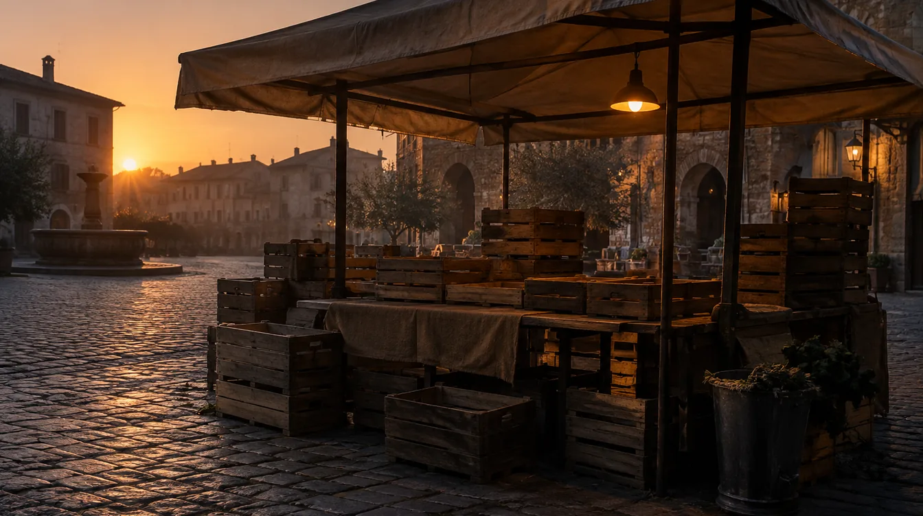 Een lege marktkraam bij zonsopgang met kratten en een warme lamp.