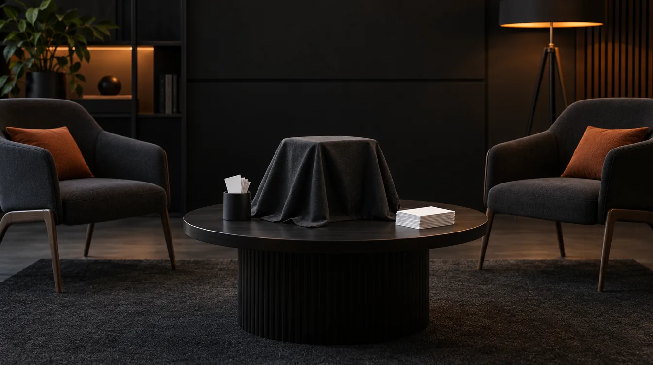 Twee lege stoelen rond een tafel met blanco kaarten en een bedekt object.
