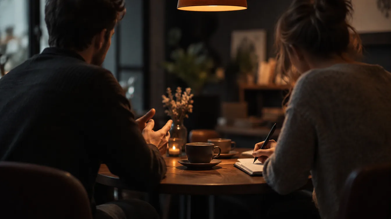 Twee mensen zitten tegenover elkaar aan een cafetafel; een van hen maakt aantekeningen.