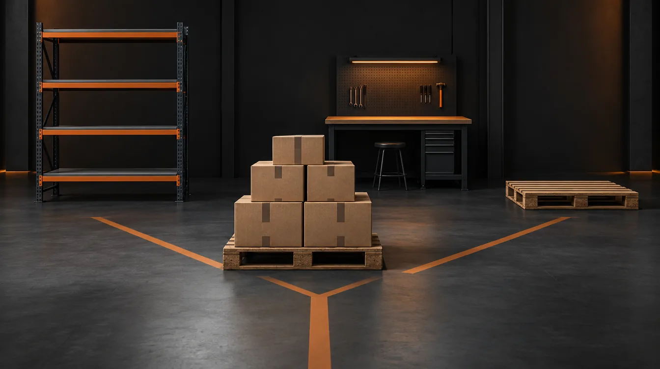 Pakketten op een pallet bij een splitsing tussen opslagrek, werkbank en lege pallet.