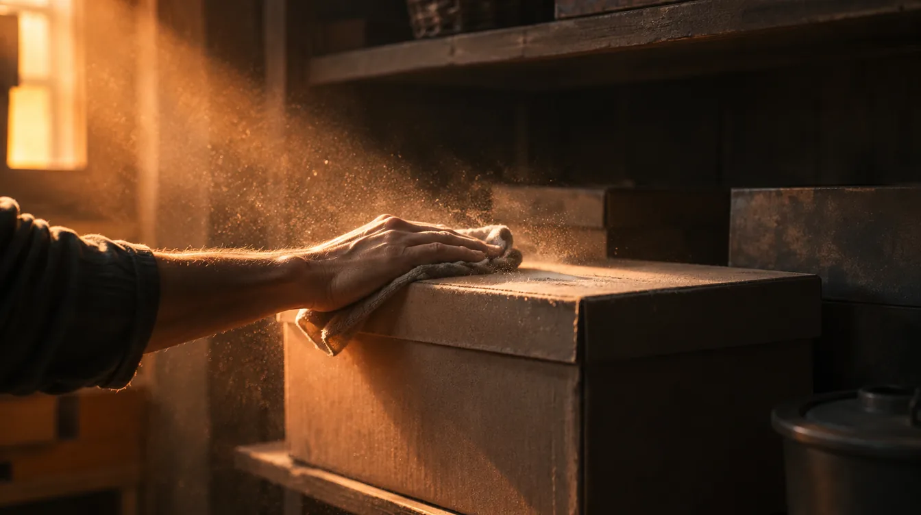 Een hand veegt een laagje stof van het deksel van een oude doos op een plank.