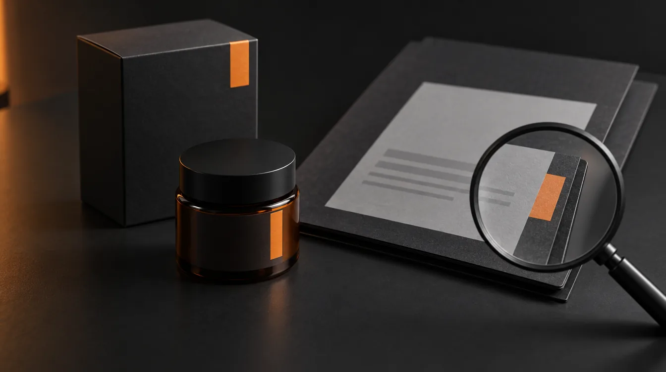Een amberkleurige glazen pot met zwart deksel en een zwarte doos met een oranje strook staan naast een donkere map met een rapportvel; een vergrootglas is gericht op een oranje tabje aan de rand van de map.