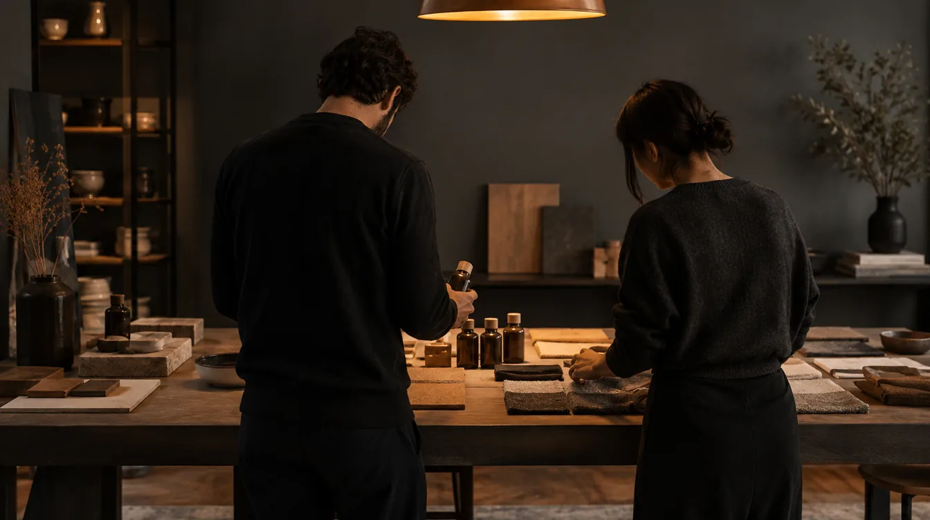 Twee mensen bekijken productsamples op een lange tafel in een monsterruimte.