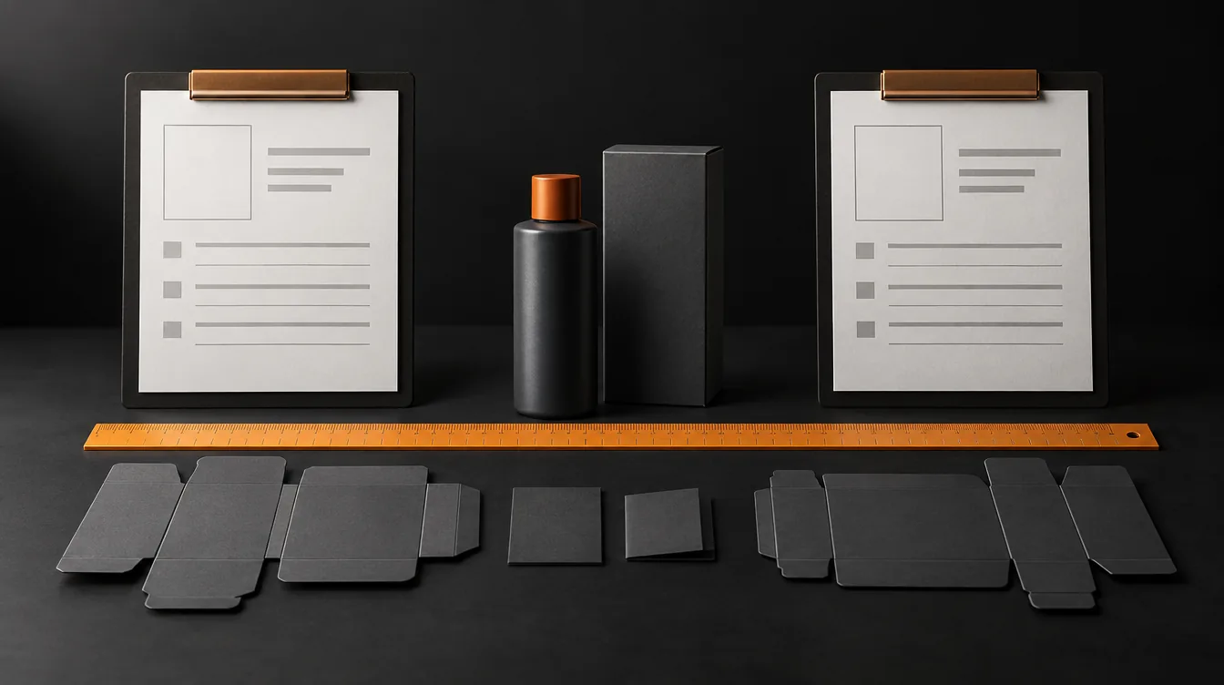 Twee klemborden met identieke bladen vol lege vakken en lijnen, met daartussen een donkere fles met oranje dop en een grijze doos. Eronder liggen een oranje liniaal en uitgevouwen kartonnen doosbladen met lipjes.